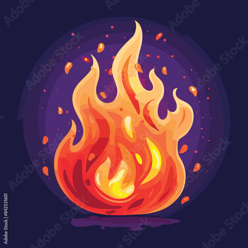 Bright orange yellow flames illustrated against dark background. Vibrant fire graphic depicts intense heat energy. Cartoon style flame illustration ideal concepts fire, warmth danger