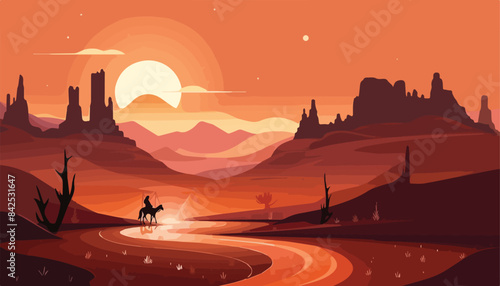 Horse riding on the river at sunset. Flat style vector illustration.