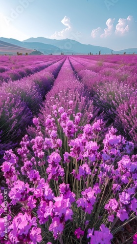 Lavender Fields: Endless fields of blooming lavender stretching to the horizon, under a clear, sunny sky.