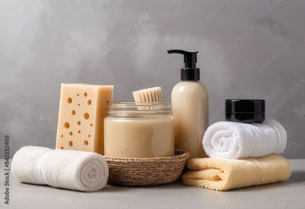 a basket of towels, soap, and a bottle of lotion a basket of towels, soap, and a bottle of lotion