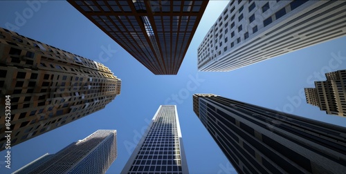 skyscrapers in the cityscape from a ground-level perspective  against the backdrop of a clear blue sky and the pristine white facades of a bustling business center.
