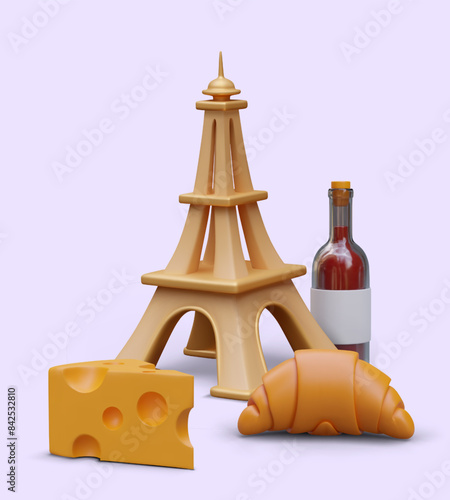 Vertical poster with architectural and gastronomic symbols of France