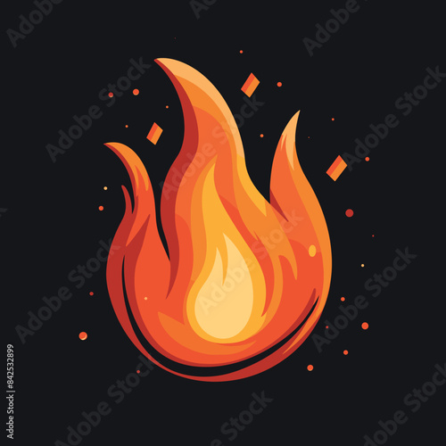 Bright orange yellow flame against dark background. Cartoon style fire symbol, vibrant colors. Graphic element representing heat, energy, danger