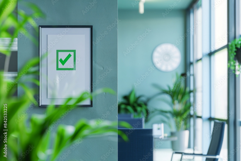 A framed certificate hanging on a wall, with a bold, green checkbox ...