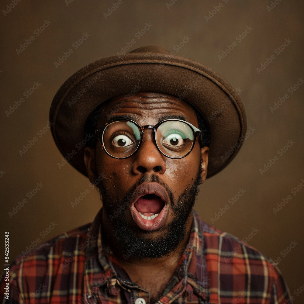 Headshot of a shocked South-African man in hipster clothes Headshot of a shocked South-African man in hipster clothes