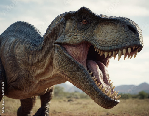 Un dinosauro con corna caratteristiche è mostrato mentre si prepara a lanciare un attacco. 