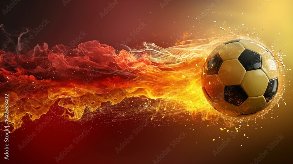 Fototapeta premium A football ball surrounded by vibrant red, yellow, and black paint splashes - EM European Championship 2024 in Germany - background wallpaper with copyspace