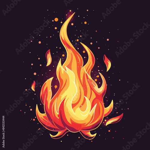 Vibrant flames dance against dark background, depicting fires lively energy warmth. Glowing embers sparks rise fiery inferno, creating dynamic intense illustration fire. Bold orange red hues define