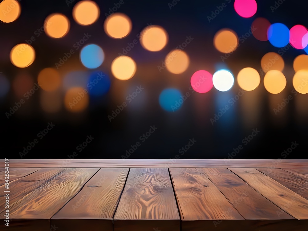 Empty wooden table with neon light background, night scene with wooden table for product display isolated on blurred bokeh lights background Empty wooden table with neon light background, night scene with wooden table for product display isolated on blurred bokeh lights background