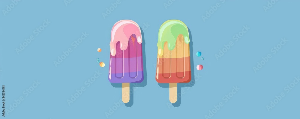 Two popsicles on a blue background. The popsicles are melting. Two popsicles on a blue background. The popsicles are melting.