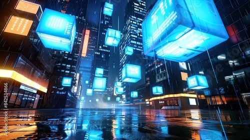 a digital art depiction of a futuristic cityscape, where glowing blue cubes hover above the buildings, symbolizing advanced technology and innovation in urban development.
