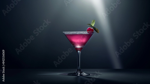 Elegant cocktail in a martini glass garnished with a cherry and mint leaves, set against a dark, dramatic background. The vibrant, pink hue of the drink contrasts beautifully with the lighting.