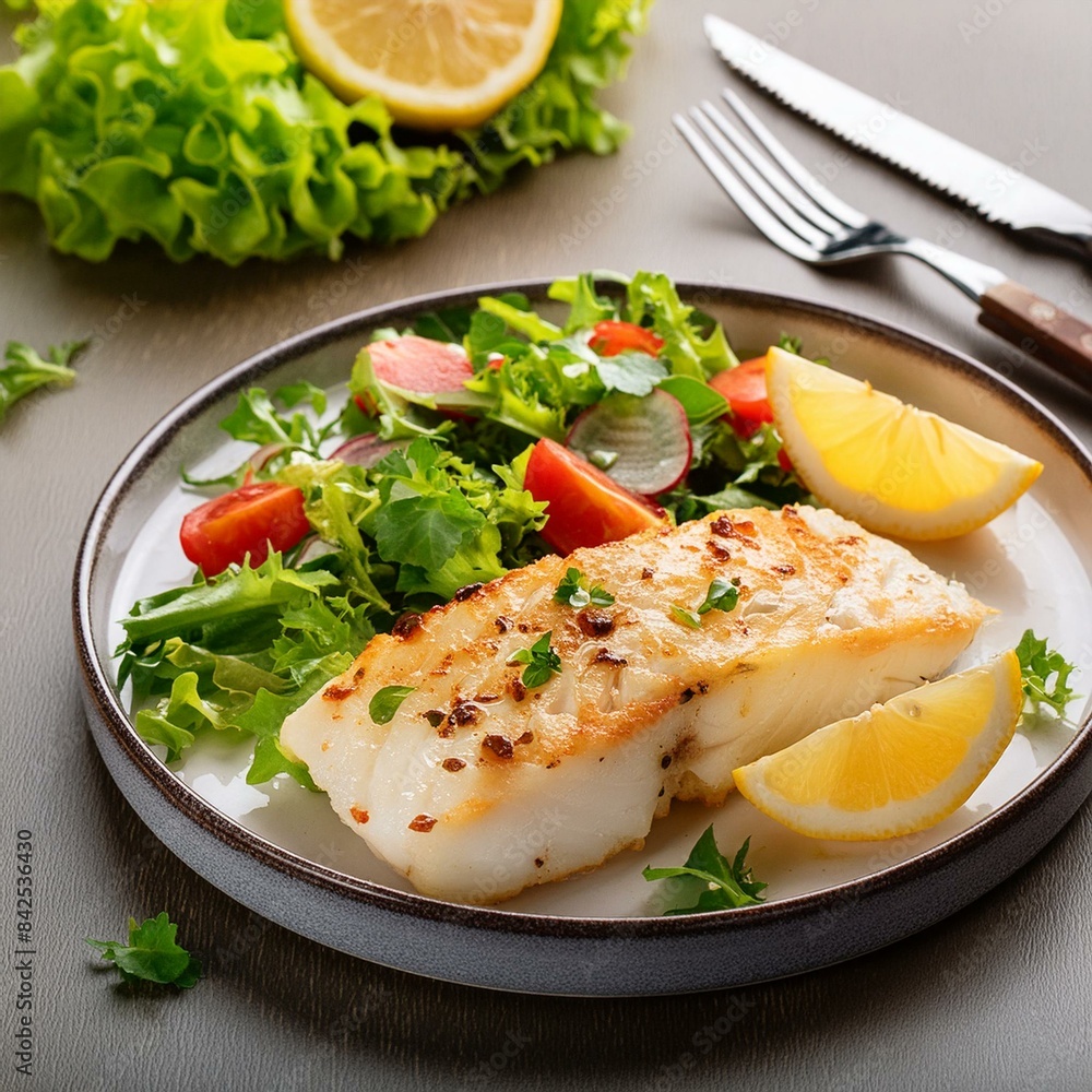Spicy grilled cod fish fillet with fresh vegetable salad and leaf lettuce mix and lemon close-up in a plate on the table. Spicy grilled cod fish fillet with fresh vegetable salad and leaf lettuce mix and lemon close-up in a plate on the table.
