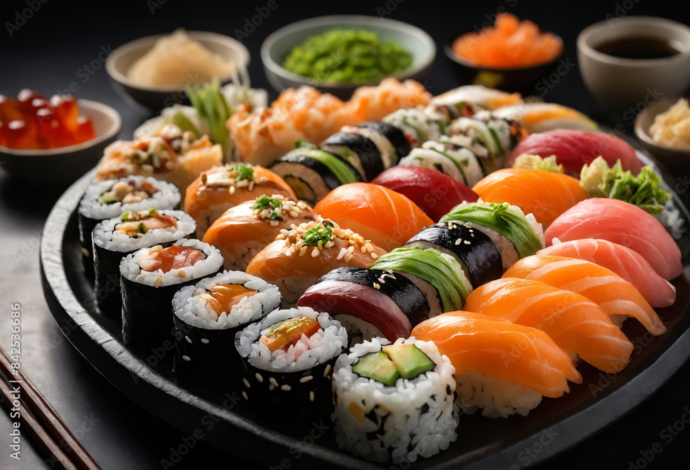 Assortment of fresh sushi rolls on black plate Assortment of fresh sushi rolls on black plate