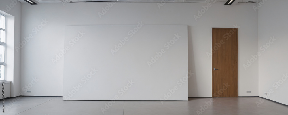 Empty white room with large canvas, window and single door Empty white room with large canvas, window and single door