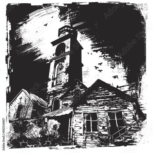 Black white illustration derelict house overshadowed towering church structure, signifying decay abandonment. Haunting scene neglected home church overgrown vegetation, broken windows, somber