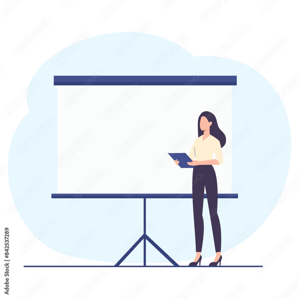 Flat vector illustration. A woman stands next to the banner and smiles, giving a presentation. Presentation and banner for a web site. Place for your text on the banner . Vector illustration Flat vector illustration. A woman stands next to the banner and smiles, giving a presentation. Presentation and banner for a web site. Place for your text on the banner . Vector illustration