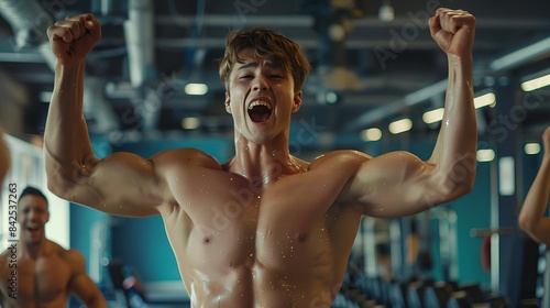 Man Celebrates Fitness Success in Gym photo