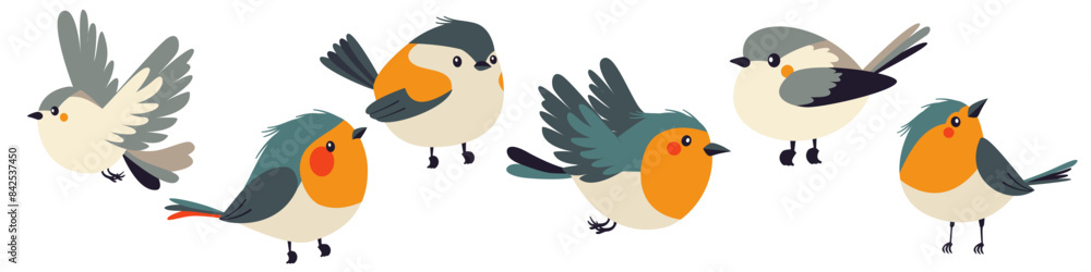 A set of flat vector illustrations in children's style. Cute birds sitting and flying . Vector illustration A set of flat vector illustrations in children's style. Cute birds sitting and flying . Vector illustration