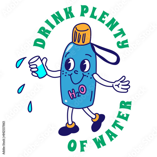 Camping and hiking sticker Vector illustration. cartoon Bottle of water with smile face