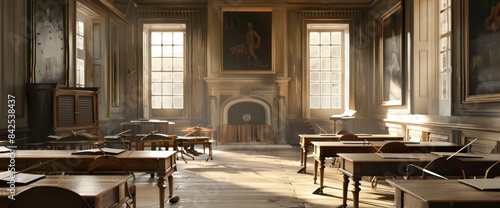 An 18th-century classroom with a large fireplace, wooden desks, and students writing with quills