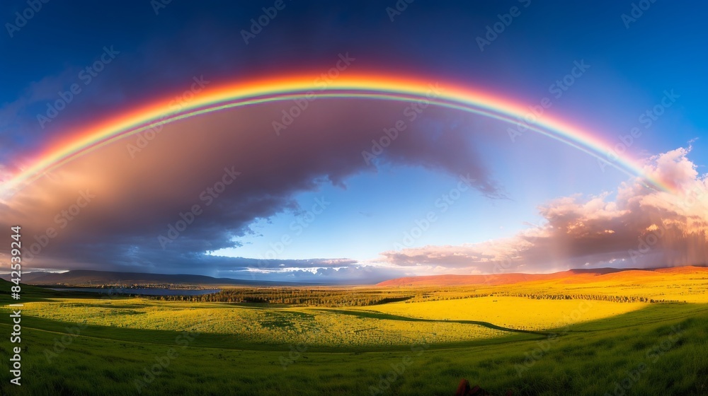 Naklejka premium rainbow over lake colors natural reflection cloudy.