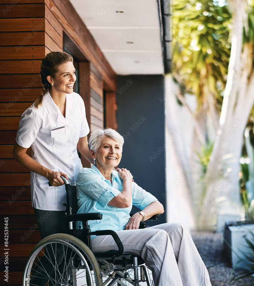 Nurse, senior woman and help on wheelchair for support, rehabilitation or medical healthcare on outdoor walk. Happy caregiver, retirement and person with disability at home for recovery or wellness Nurse, senior woman and help on wheelchair for support, rehabilitation or medical healthcare on outdoor walk. Happy caregiver, retirement and person with disability at home for recovery or wellness
