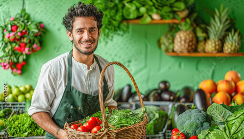 In a grocery store, a man is cheerfully holding a basket filled with vegetables
