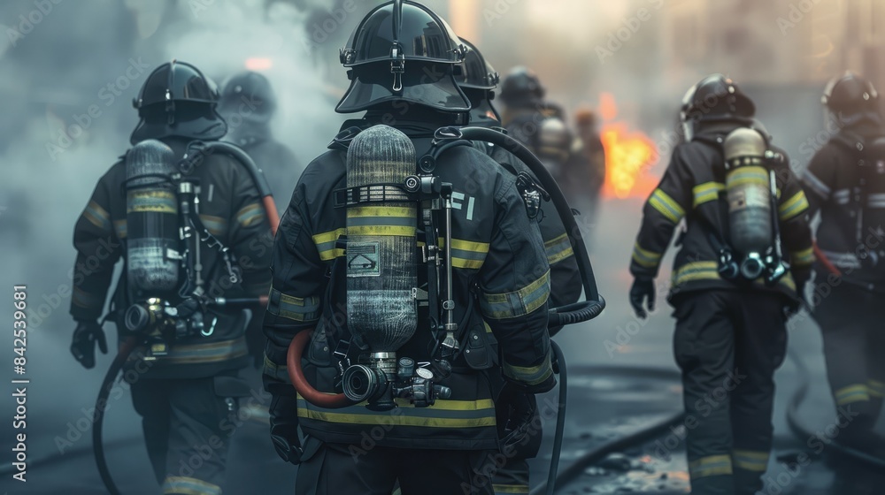 Firefighters with Equipment: A group of firefighters preparing their gear and equipment, ready to respond to an emergency Firefighters with Equipment: A group of firefighters preparing their gear and equipment, ready to respond to an emergency