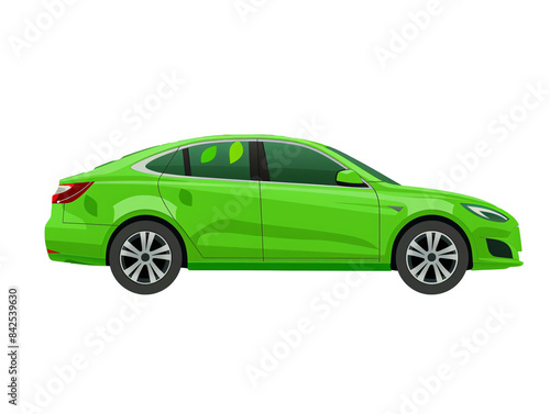 a green car with leaves around it