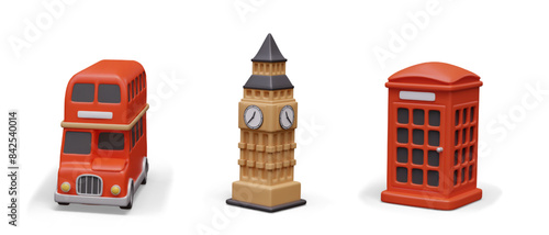Tourist symbols of Britain. Red telephone booth, double decker bus, Big Ben