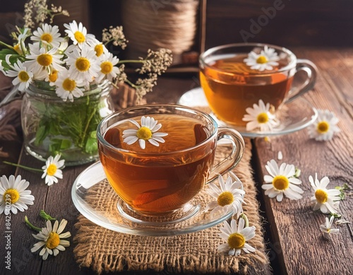 Still life of chamomile herbal tea on rustic wooden background with daisies. Concept Still life photography, Chamomile tea, Rustic background, Daisies, Herbal and natural themes