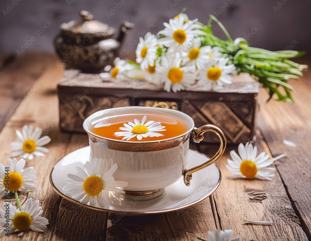 Still life of chamomile herbal tea on rustic wooden background with daisies. Concept Still life photography, Chamomile tea, Rustic background, Daisies, Herbal and natural themes Still life of chamomile herbal tea on rustic wooden background with daisies. Concept Still life photography, Chamomile tea, Rustic background, Daisies, Herbal and natural themes