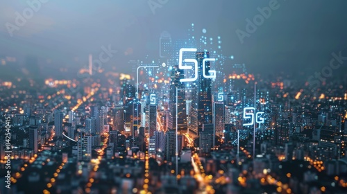 Wallpaper Mural 5G Network Infrastructure: Modern cityscape with 5G antennas and network symbols indicating high-speed connectivity Torontodigital.ca