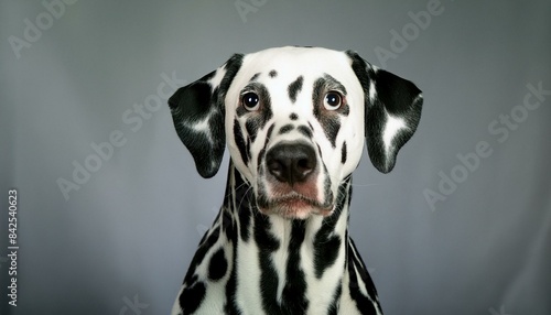 studio portrait of a dalmation dog with a surprised look on his face