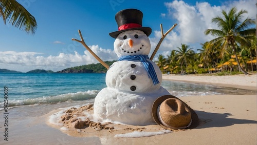 Smily snowman at tropical beach with waves in the background
