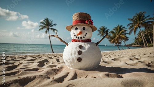 Smily snowman with hat and scarf  at tropical beach with waves in the background