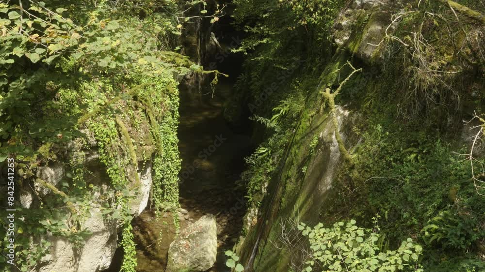 Natural river below green alpine cliff environmental Gorges Du Sierroz France Natural river below green alpine cliff environmental Gorges Du Sierroz France