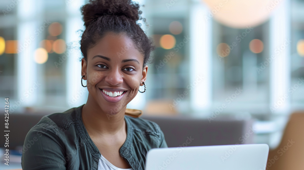 Portrait of African American woman office worker sitting in front of her laptop computer, with smile and notebook, on blurred modern office background, copyspace, Professional development courses Portrait of African American woman office worker sitting in front of her laptop computer, with smile and notebook, on blurred modern office background, copyspace, Professional development courses