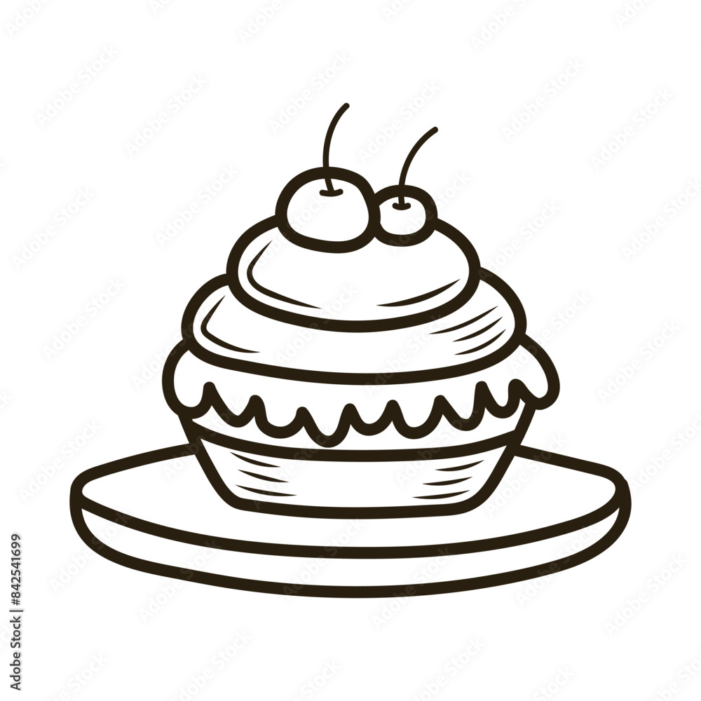 Doodle cake with cherry. Outline hand drawn icon for coffee and bakery cafe. Doodle cake with cherry. Outline hand drawn icon for coffee and bakery cafe.
