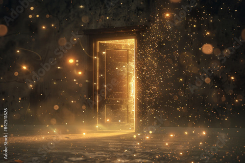 A door floating in a minimalist setting, surrounded by soft, glowing light particles. This design evokes a sense of magic and wonder  photo