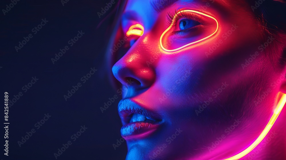 Close-up of a face illuminated by vibrant neon lights. Futuristic and surreal photography with striking colors and mood. Close-up of a face illuminated by vibrant neon lights. Futuristic and surreal photography with striking colors and mood.