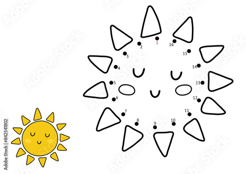 Dot to dot game for kids. Connect the dots and draw a cute sun character. Funny puzzle activity page. Vector illustration