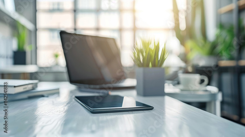 Wallpaper Mural Minimalist workspace, comfortable office desk with laptop, cup, tree pot, blurred background, office supplies, copy space Torontodigital.ca