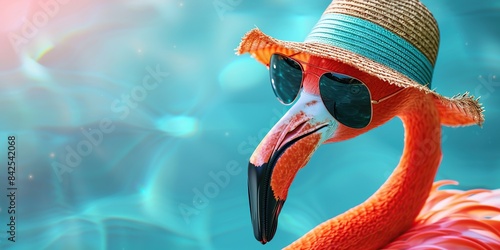 Pink flamingo wearing straw hat and sunglasses. Ai generative