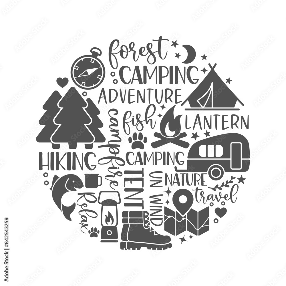Fototapeta premium Round composition of inscriptions and pictures on the theme of hiking and outdoor recreation