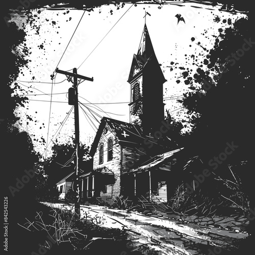 Abandoned church graphic illustration, black white spooky scene. Decaying building, gothic architecture, eerie ambiance, power lines, grunge splatters, flying bat. Moody, derelict place, haunted