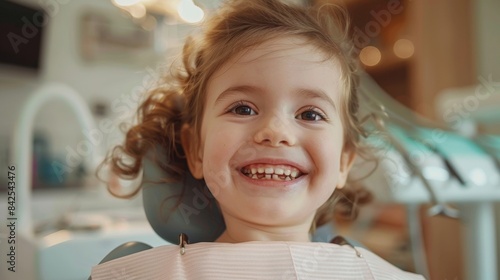 Caucasian joyful girl 6 years old sits in the dentist's chair and smiles looking at the camera. children's dentistry
