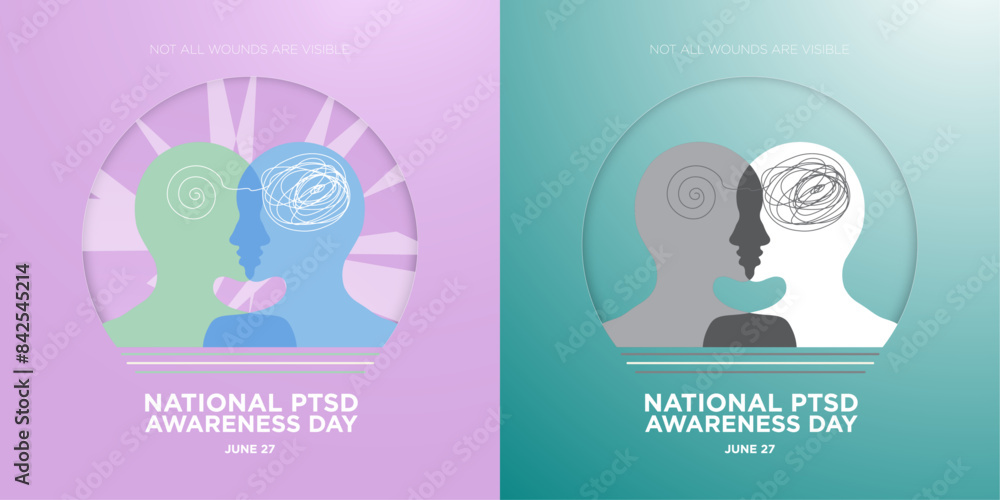 National PTSD Awareness Day Greeting Card Set. June 27. Not all wounds are visible. Two Human profile with post-traumatic stress disorder elements. Vector Illustration Set. 

