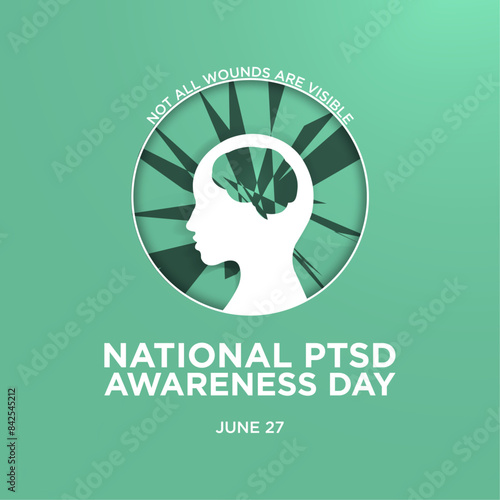 National PTSD Awareness Day Banner on green background with post-traumatic stress disorder elements. Not all wounds are visible. Human profile with fractured brain. Shattered mind. Vector.